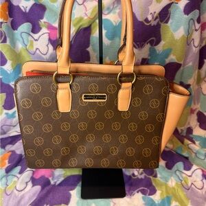Adrienne Vittadini Studio Monogram Tote Bag Brown Tan Leather Trim Shoulder Bag